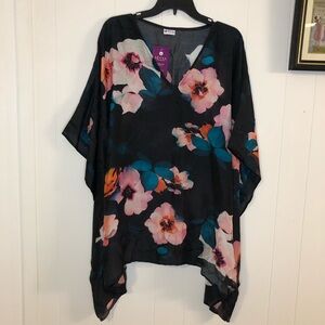 Sevya Handmade NWT Sheer Black Floral Wrap Poncho with Pink/Teal Blooms One Size